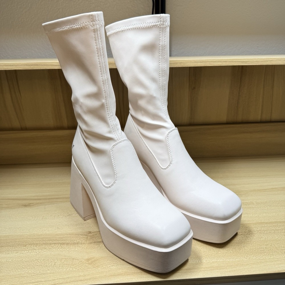 Windsor‎ Smith Baddest Sock Platform Gogo Boots Vegan Leather 35084 White Sz 8
